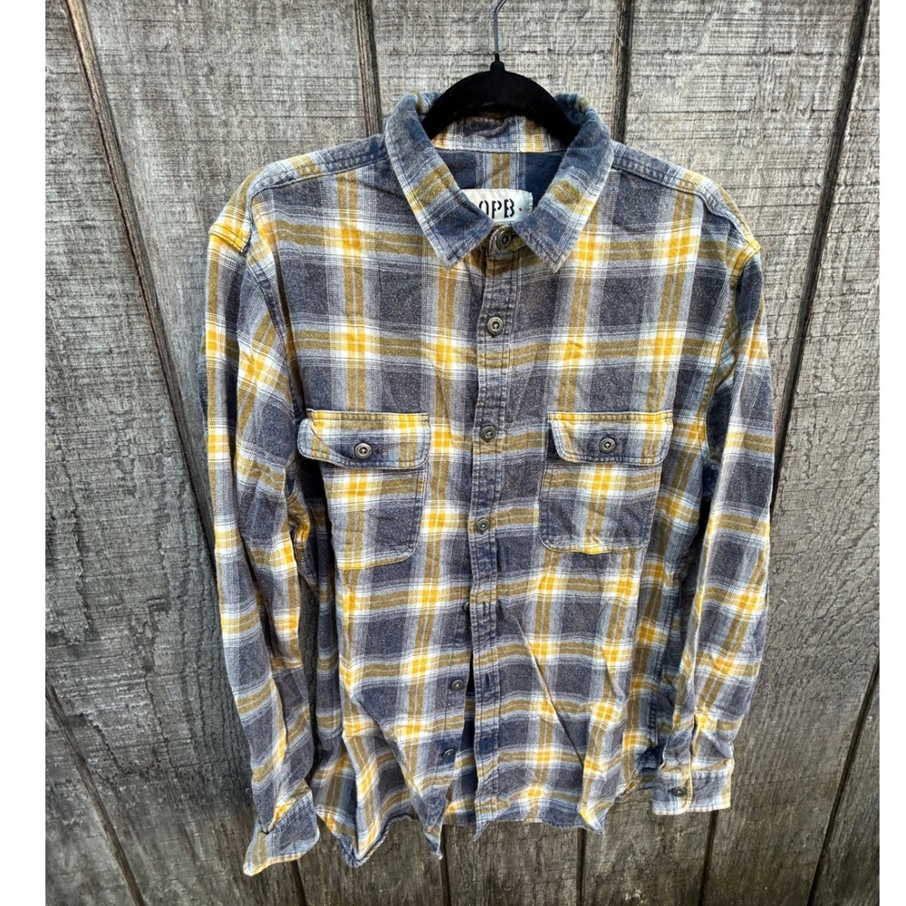 OPB Plaid Flannel Shirt Blue Mustard Grunge 90s Workwear Oversized Outdoorsy